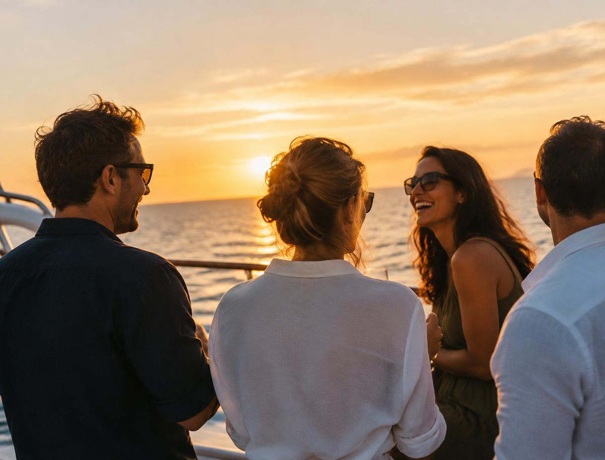 Small group of colleagues on a boat deck at sunset