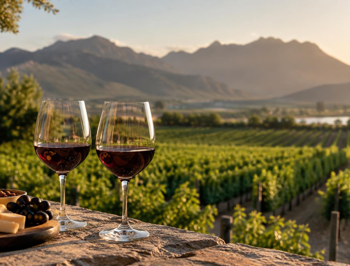 Two glasses of red wine on a stone ledge above a vineyard