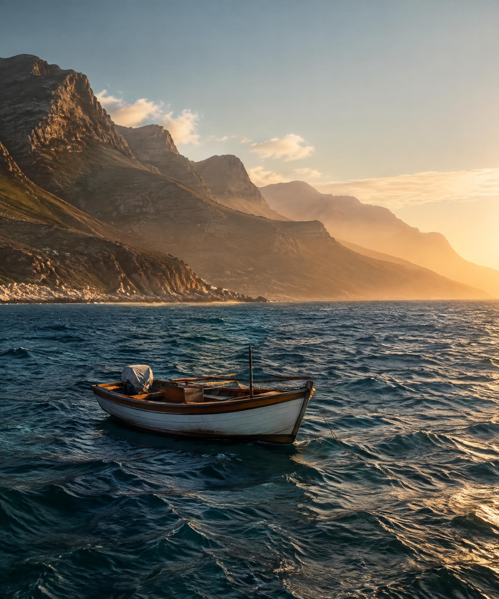A small wooden boat on deep blue water below the Cape coastline at golden hour