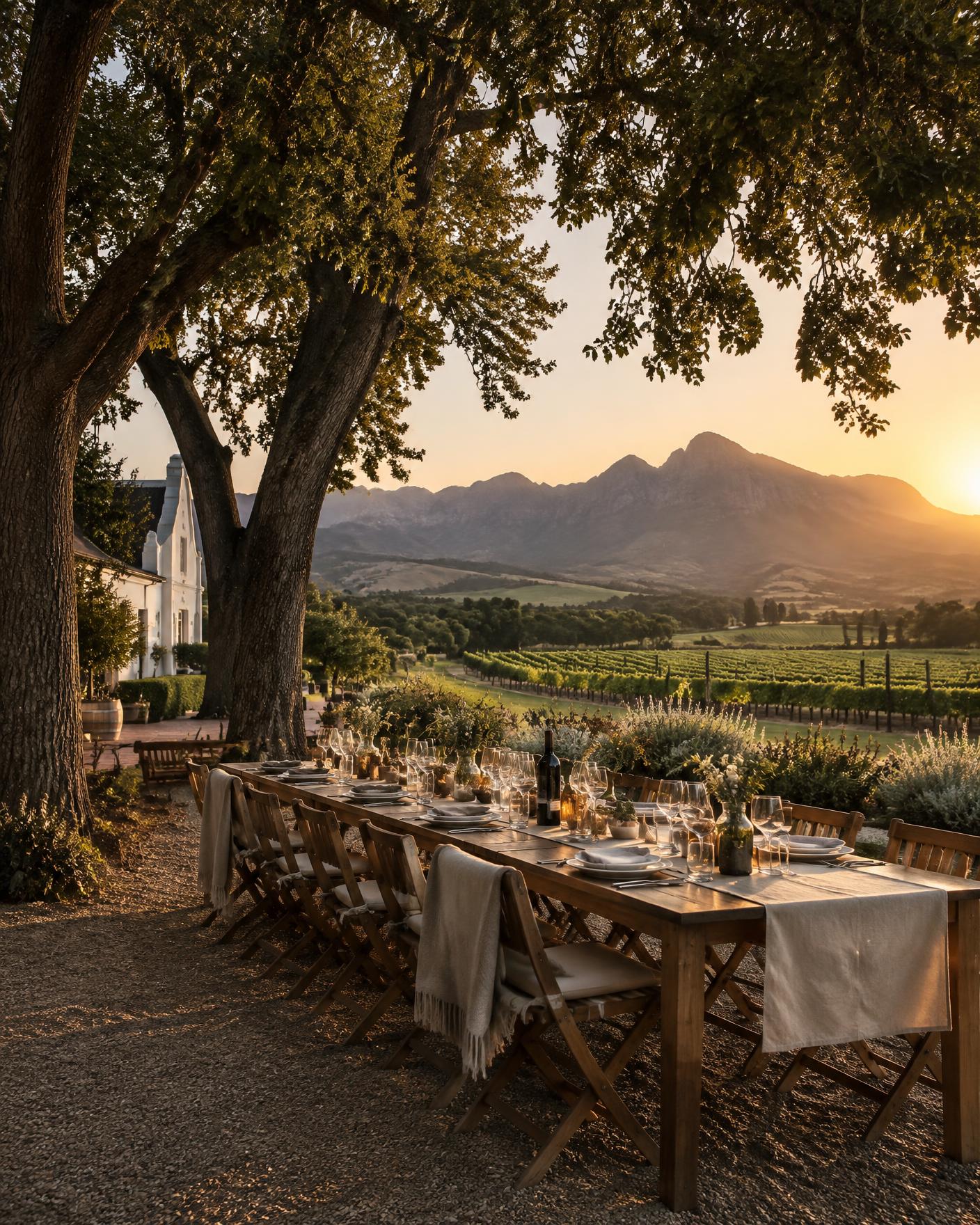 Long table set under oak trees at a Cape Winelands estate at dusk